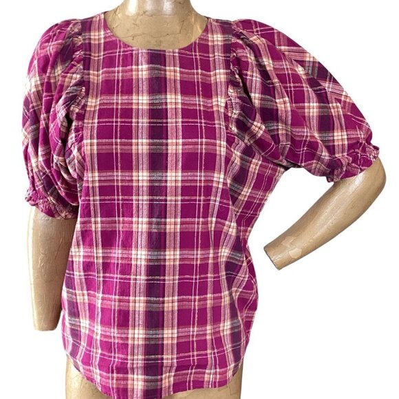 INC International Concepts Madison Plaid Puff-Sleeve Cotton-Linen Top Sz M 315K - Picture 2 of 9
